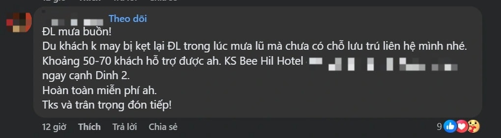 Chủ khách sạn Đà Lạt miễn phí phòng cho du khách mắc kẹt vì mưa lũ - 1 Chủ khách sạn Đà Lạt miễn phí phòng cho du khách mắc kẹt vì mưa lũ - 1