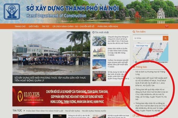 Cổng thông tin của Sở Xây dựng Hà Nội công bố thông tin nhà ở xã hội (phần khoanh đỏ)