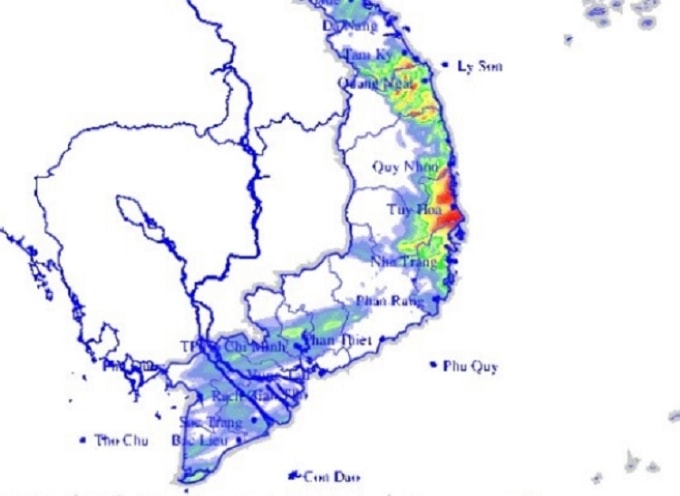 Vùng màu đỏ là nơi có lượng mưa lớn, xấp xỉ 200 mm, ở Phú Yên cũ và Bình Định. Ảnh: NCHMF