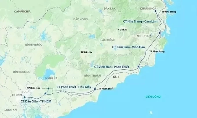 Hướng tuyến cao tốc Phan Thiết - Dầu Giây. Đồ họa: Khánh Hoàng