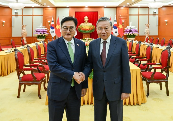 Tổng Bí thư Tô Lâm tiếp Chủ tịch Quốc hội Hàn Quốc Woo Won-shik. Ảnh: Giang Huy