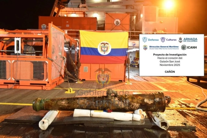 Khẩu đại bác trục vớt từ tàu San Jose. Ảnh: Bộ Văn hóa Colombia
