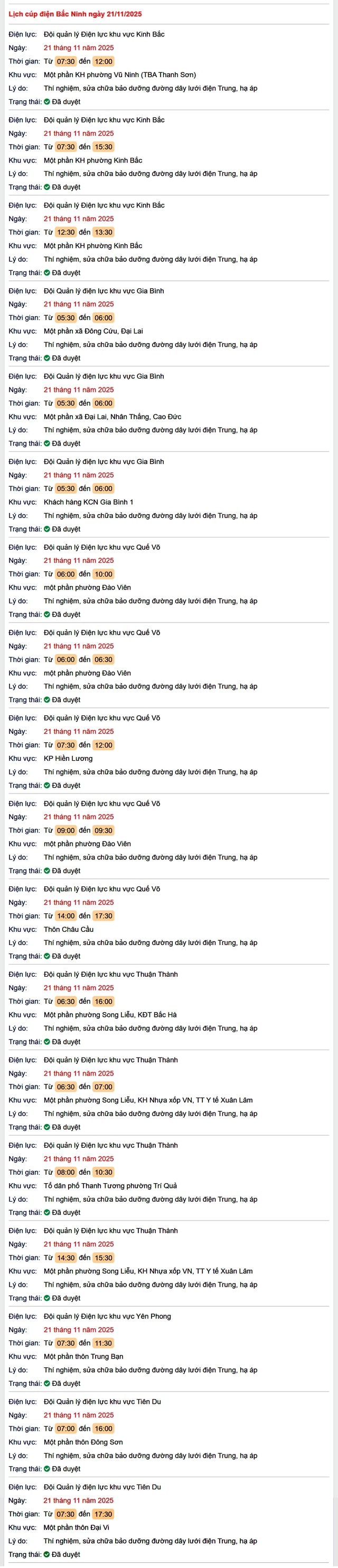 Tra cứu lịch cắt điện Bắc Ninh hôm nay Thứ 6 ngày 21/11/2025- Ảnh 1.