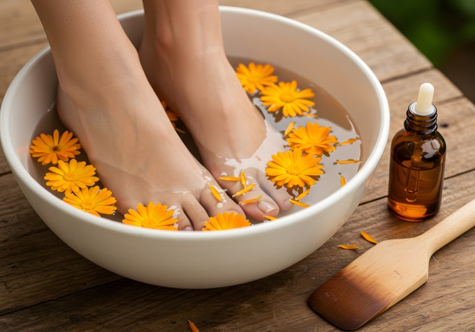 Ngâm chân với nước ấm giúp cơ thể thư giãn, ngủ ngon, giảm nguy cơ đột quỵ, song không giúp phòng bệnh cúm A. Ảnh: Vecteezy