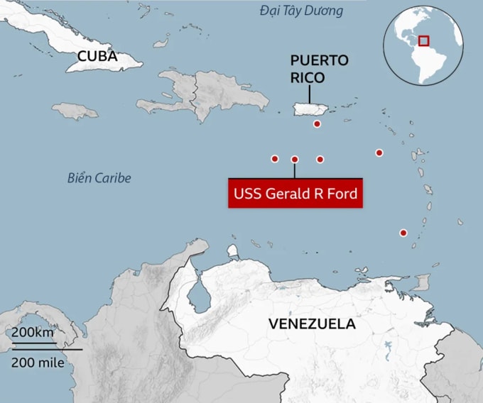 Vị trí đã được xác định của chiến hạm Mỹ (chấm đỏ) tại khu vực biển Caribe trong tháng 11. Đồ họa: BBC