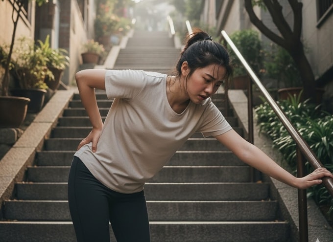 Mệt mỏi khi đi bộ cầu thang cũng có thể báo hiệu gan tổn thương. Ảnh: AI