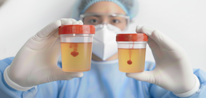 Máu trong nước tiểu có khả năng chỉ ra ung thư bàng quang hoặc tuyến tiền liệt. Ảnh tạo bởi AI