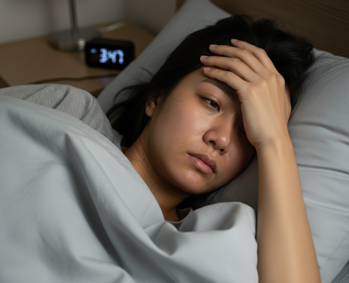 Mất ngủ ảnh hưởng đến sức khỏe tổng thể và trí nhớ nếu không được điều trị kịp thời. Ảnh được tạo bởi AI