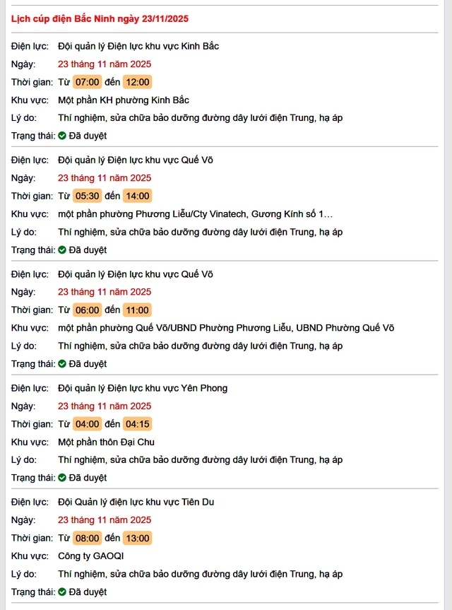 Tra cứu lịch cắt điện Bắc Ninh hôm nay Chủ Nhật ngày 23/11/2025- Ảnh 1.