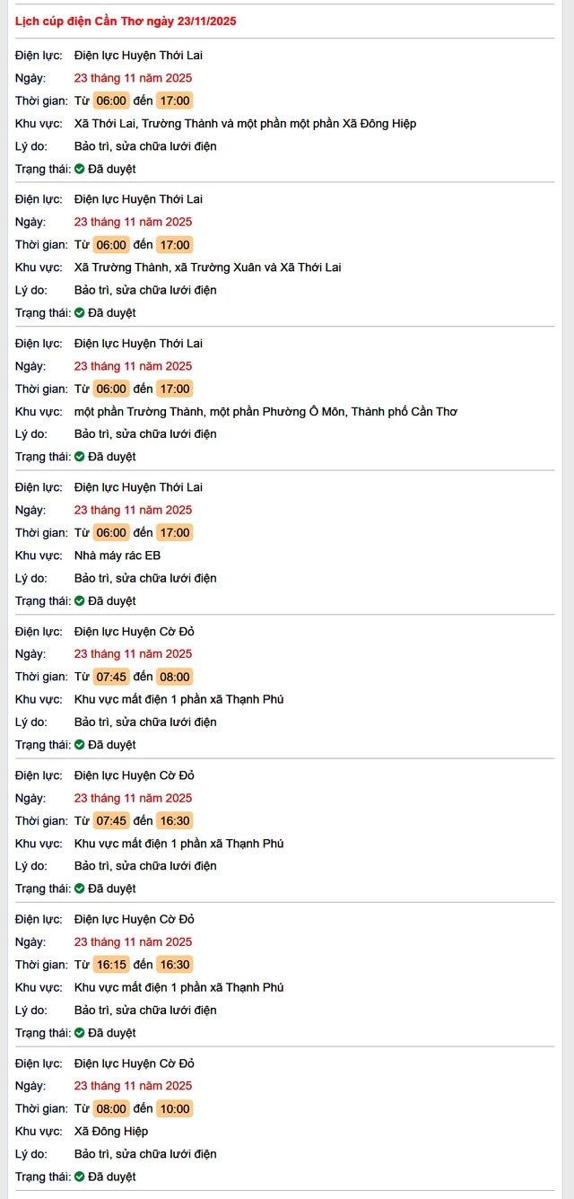 Tra cứu lịch cúp điện Cần Thơ hôm nay Chủ Nhật ngày 23/11/2025- Ảnh 1.