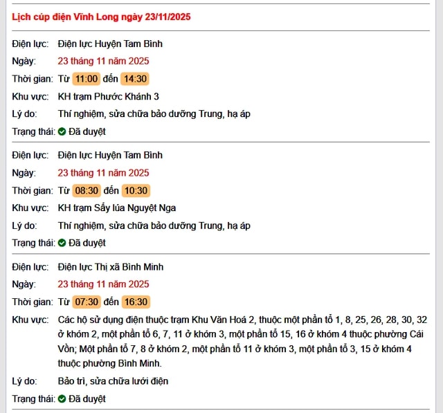 Tra cứu lịch cúp điện Vĩnh Long hôm nay Chủ Nhật ngày 23/11/2025- Ảnh 1.