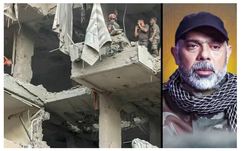 Hiện trường vụ không kích của Israel vào ngoại ô thủ đô Beirut (Lebanon) ngày 23-11 (trái) và chân dung chỉ huy quân sự Hezbollah Ali Tabatabai. Ảnh: Hezbollah Media Office