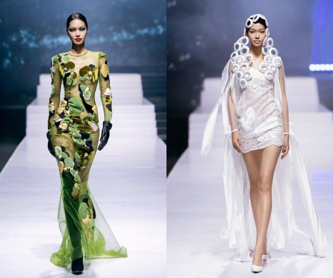 Người mẫu Lại Mai Hoa mở màn bộ sưu tập của Vũ Việt Hà (phải) và diễn vedette show Hà Linh Thư tại Tuần thời trang Quốc tế Việt Nam mùa thứ 20. Ảnh: Kiếng Cận