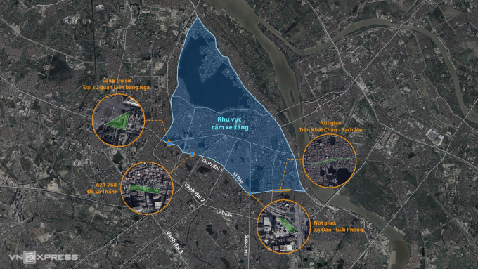 Vị trí 4 trạm sạc theo đề xuất của Công ty Khai thác điểm đỗ xe Hà Nội. Đồ họa: Đỗ Nam