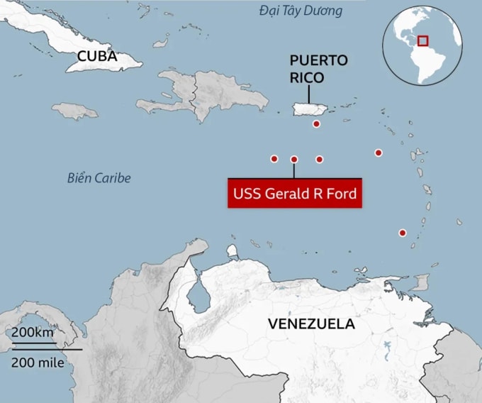 Vị trí của chiến hạm Mỹ (chấm đỏ) tại khu vực biển Caribe trong tháng 11. Đồ họa: BBC