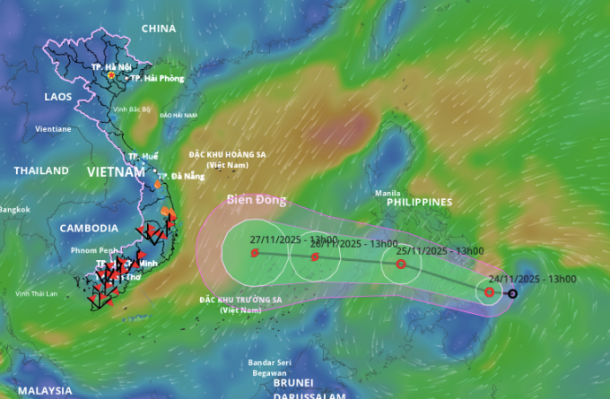 Dự báo hướng đi của áp thấp nhiệt đới, chiều 24/11. Ảnh: Hệ thống giám sát thiên tai