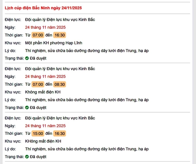 Tra cứu lịch cắt điện Bắc Ninh hôm nay Thứ 2 ngày 24/11/2025- Ảnh 1.