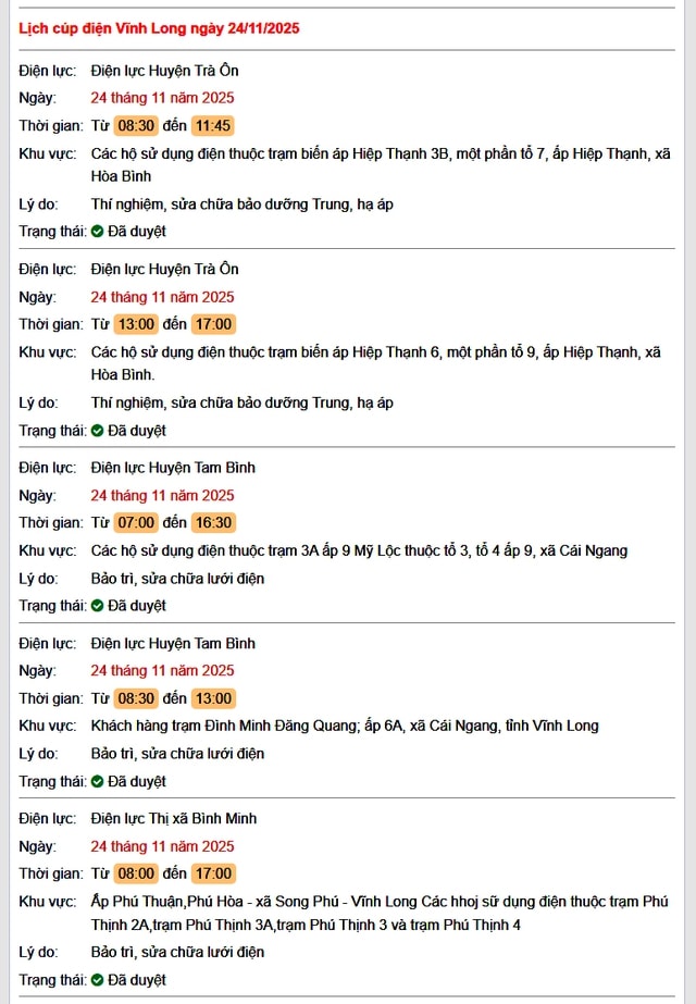 Tra cứu lịch cúp điện Vĩnh Long hôm nay Thứ 2 ngày 24/11/2025- Ảnh 1.