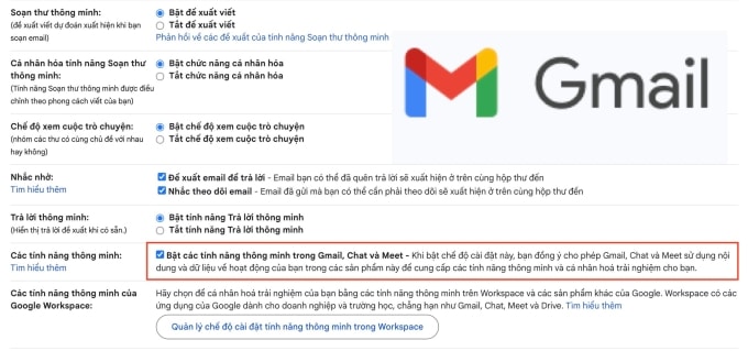 Mục các tính năng thông minh trong Gmail cho thấy Google sử dụng dữ liệu cá nhân. Ảnh: Huy Đức