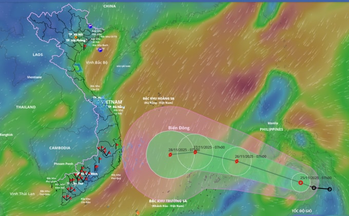 Dự báo đường đi và khu vực ảnh hưởng của áp thấp nhiệt đới, lúc 7h ngày 25/11. Ảnh: Hệ thống giám sát thiên tai Việt Nam