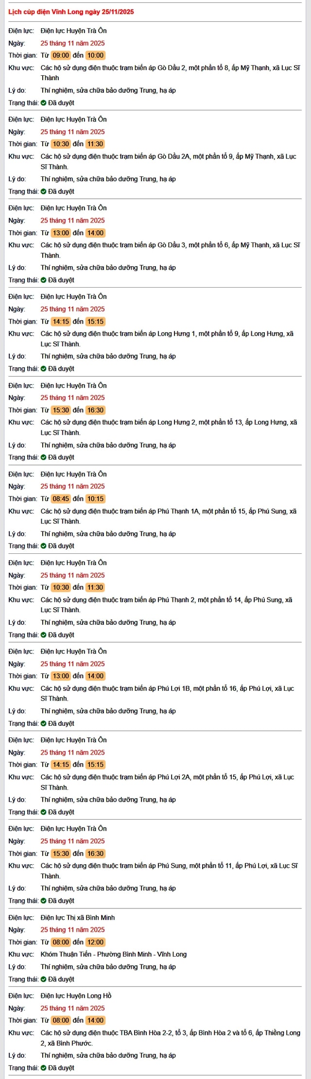Tra cứu lịch cúp điện Vĩnh Long hôm nay Thứ 3 ngày 25/11/2025- Ảnh 1.