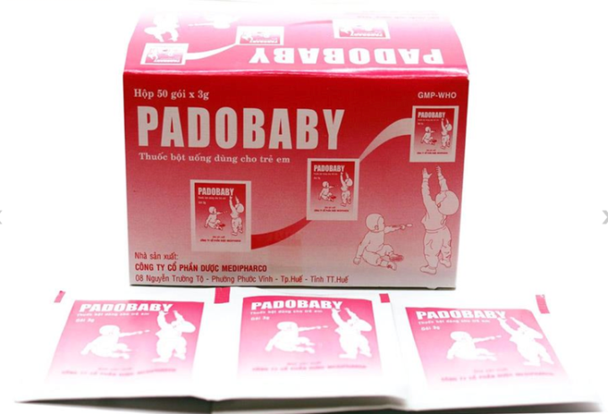 Lô thuốc bột uống Padobaby do Công ty cổ phần dược Medipharco sản xuất. Ảnh: Chụp màn hình