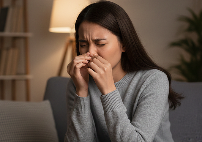 Viêm xoang thường gây đau, nghẹt mũi. Ảnh được tạo bởi AI