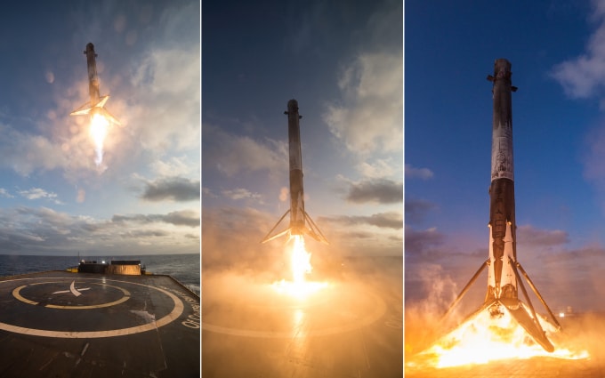 Một tầng tên lửa Falcon 9 của SpaceX hạ cánh thành công xuống tàu trên biển. Ảnh: SpaceX