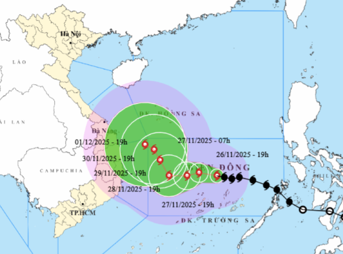 Dự báo hướng đi và vùng ảnh hưởng bão Koto tối 26/11. Ảnh: NCHMF
