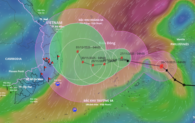 Dự báo hướng đi và vùng ảnh hưởng của bão Koto, sáng 26/11. Ảnh: Hệ thống giám sát thiên tai