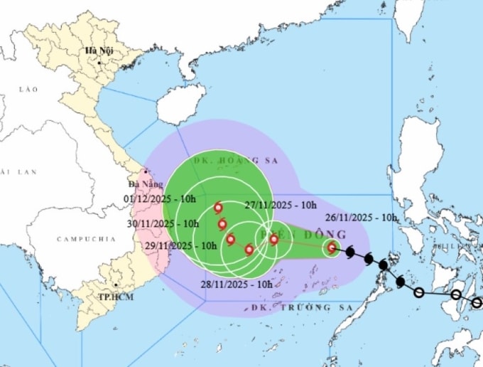 Dự báo hướng đi và vùng ảnh hưởng bão Koto, trưa 26/11. Ảnh: NCHMF