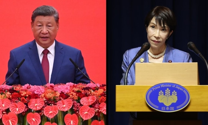 Chủ tịch Trung Quốc Tập Cận Bình (trái) và Thủ tướng Nhật Bản Sanae Takaichi. Ảnh: CNN