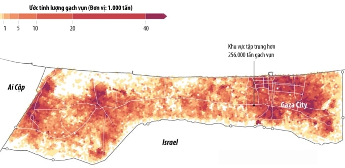 61 triệu tấn gạch vụn bao trùm khắp Dải Gaza. Đồ họa: Guardian