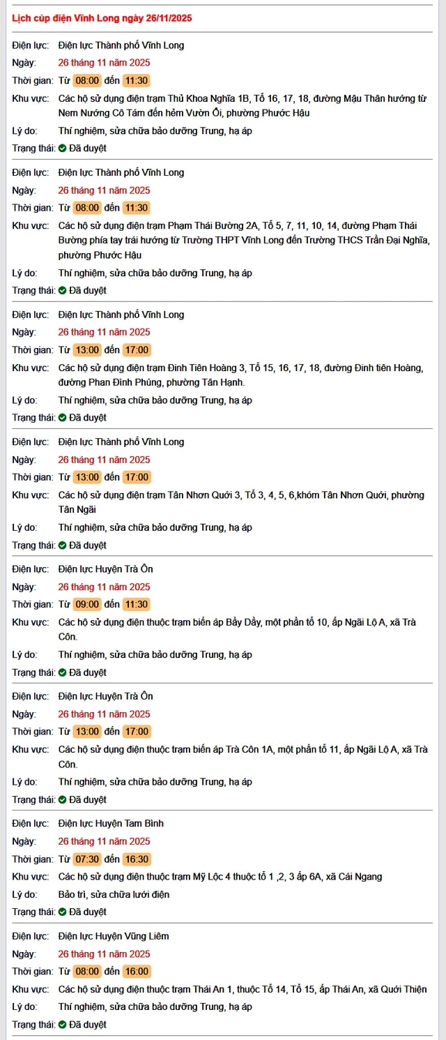 Tra cứu lịch cúp điện Vĩnh Long hôm nay Thứ 4 ngày 26/11/2025- Ảnh 1.
