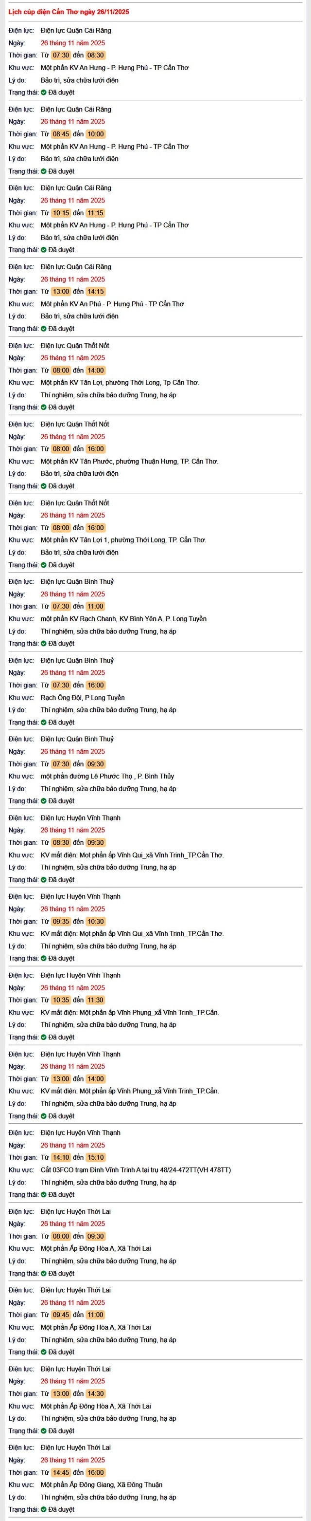 Tra cứu lịch cúp điện Cần Thơ hôm nay Thứ 4 ngày 26/11/2025- Ảnh 1.