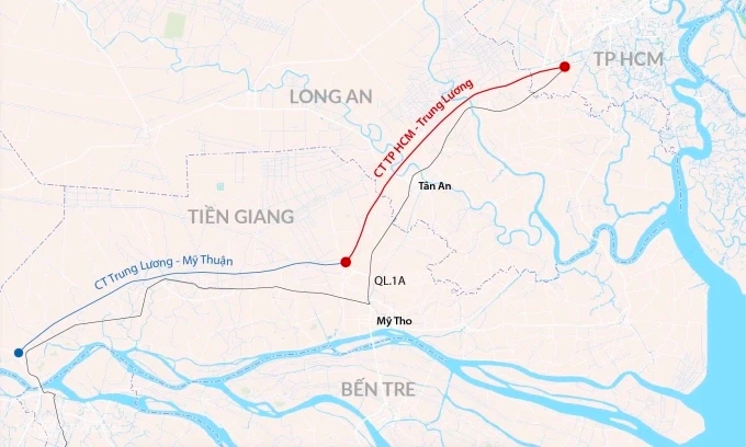 Hướng tuyến cao tốc TP HCM - Trung Lương - Mỹ Thuận. Đồ họa: Đăng Hiếu