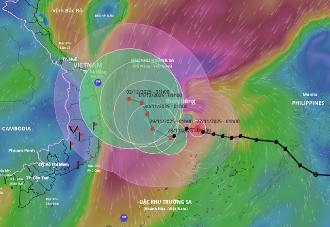 Dự báo hướng đi và vùng ảnh hưởng của bão. Ảnh: Hệ thống giám sát thiên tai