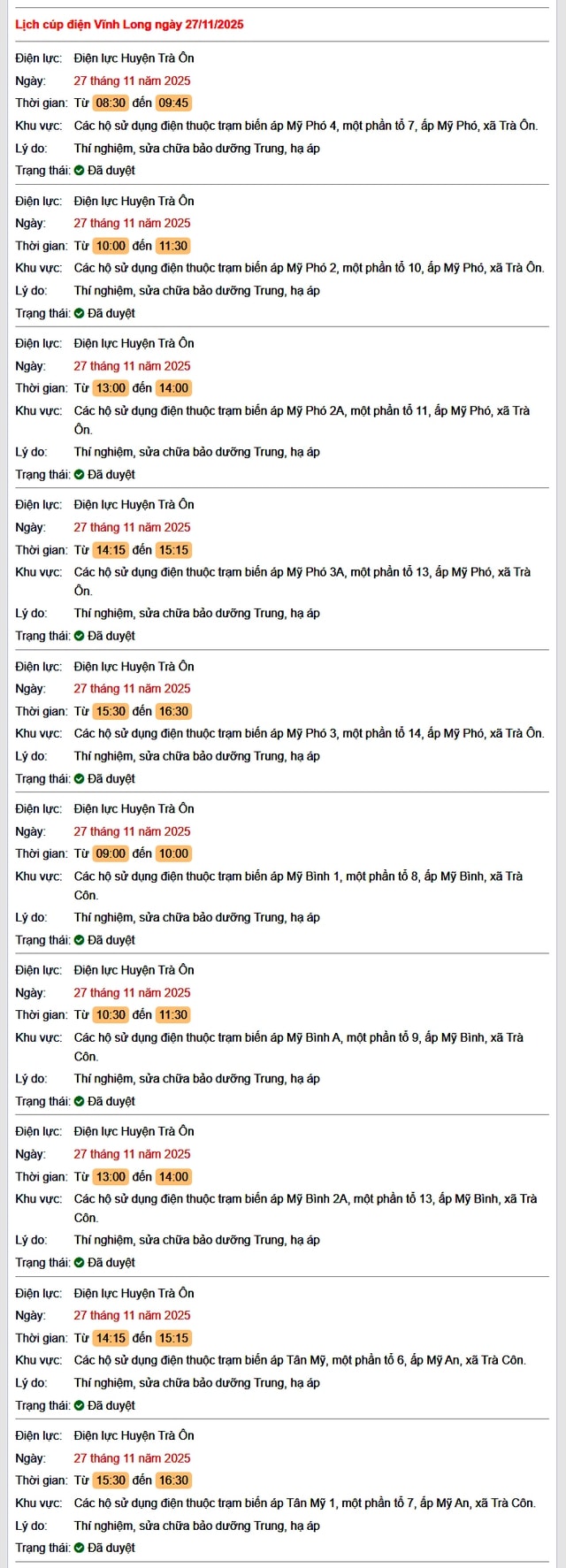 Tra cứu lịch cúp điện Vĩnh Long hôm nay Thứ 5 ngày 27/11/2025- Ảnh 1.