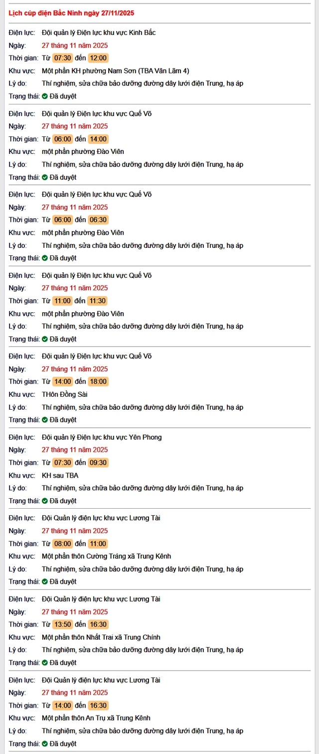 Tra cứu lịch cắt điện Bắc Ninh hôm nay Thứ 5 ngày 27/11/2025- Ảnh 1.