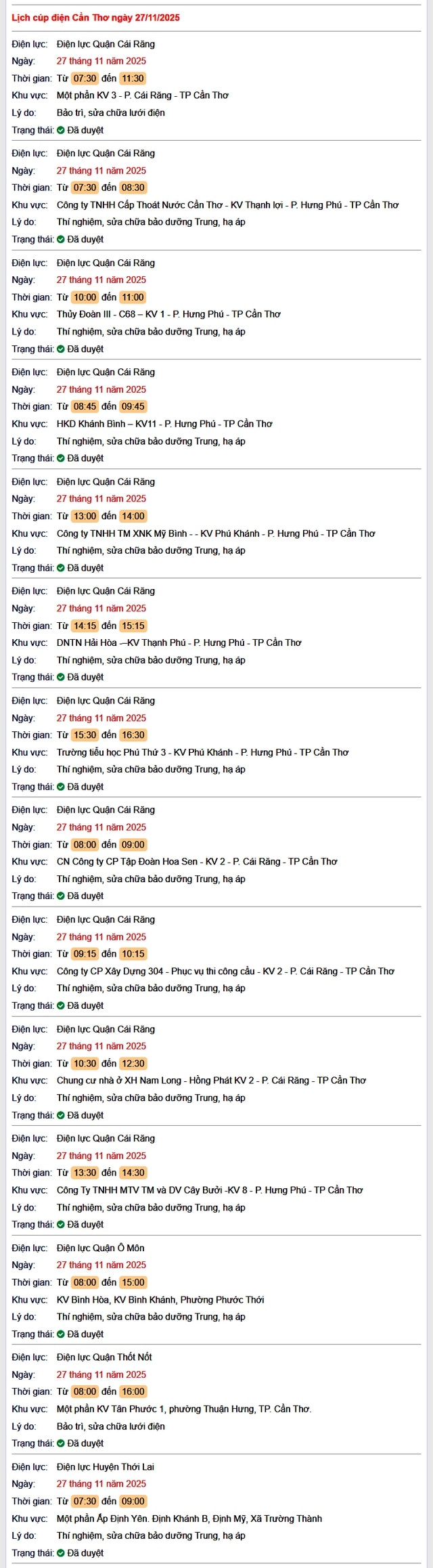 Tra cứu lịch cúp điện Cần Thơ hôm nay Thứ 5 ngày 27/11/2025- Ảnh 1.