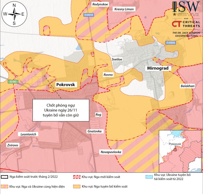 Cục diện mặt trận Pokrovsk - Minograd, tỉnh Donetsk tính đến ngày 26/11. Đồ họa: ISW