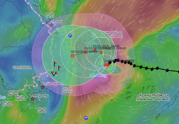 Dự báo hướng đi và vùng ảnh hưởng của bão Koto, sáng 28/11. Ảnh: Hệ thống giám sát thiên tai