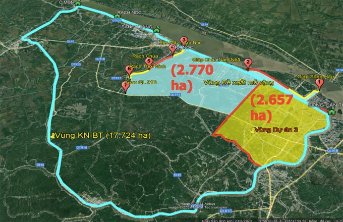 Vị trí đề xuất dự án kiểm soát ngập lụt gần 2.800 ha trong tổng quy hoạch  chống ngập úng hơn 17.700 ha trung tâm Cần Thơ. Ảnh: Ban quản lý dự án