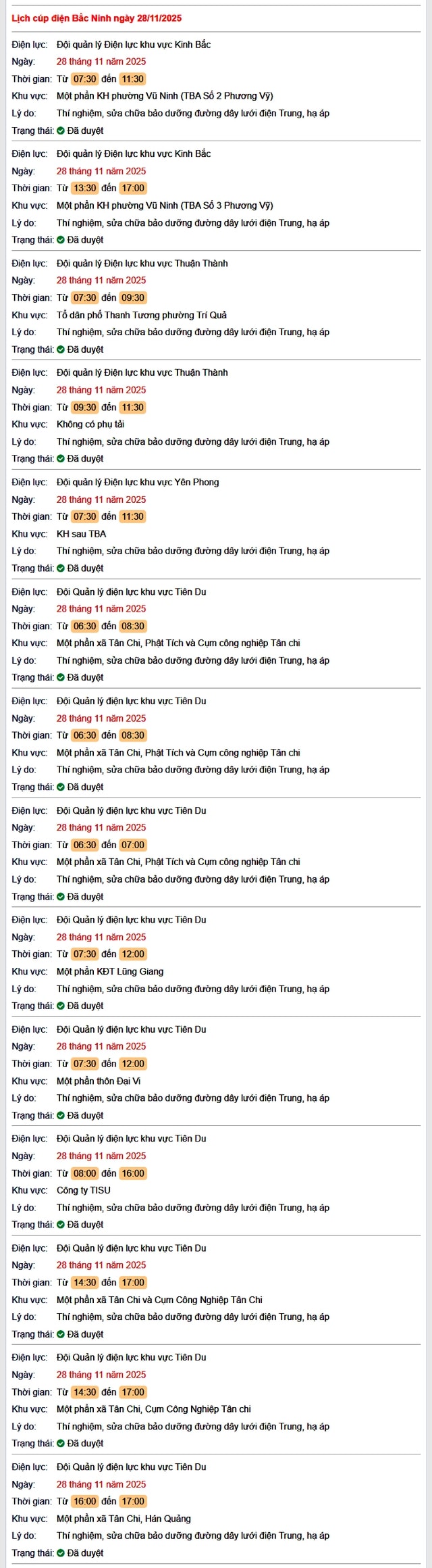 Tra cứu lịch cắt điện Bắc Ninh hôm nay Thứ 6 ngày 28/11/2025- Ảnh 1.