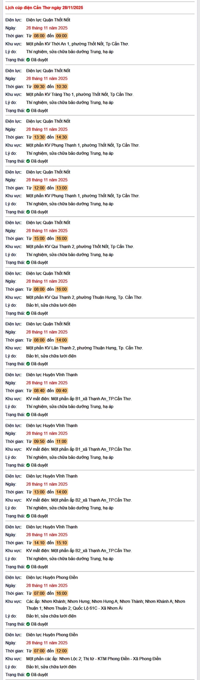 Tra cứu lịch cúp điện Cần Thơ hôm nay Thứ 6 ngày 28/11/2025- Ảnh 1.