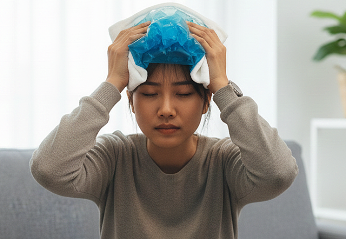 Chườm lạnh có thể góp phần giảm đau đầu tạm thời. Ảnh được tạo bởi AI
