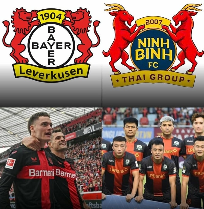 Logo và áo đấu của Bayer Leverkusen (trái), còn bên phải là CLB Ninh Bình.