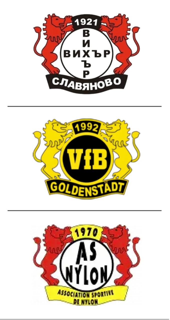 Sự tương đồng trong logo của các CLB Slavyanovo (Bulgaria), Goldenstadt (Đức) và Nylon (Cameroon) với logo của Bayer Leverkusen – Ảnh: 11Freunde