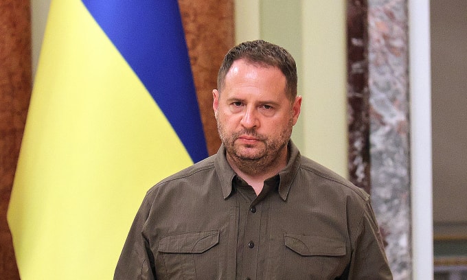 Ông Andriy Yermak tại một cuộc họp báo ở Kiev, Ukraine hồi tháng 8/2023. Ảnh: AFP