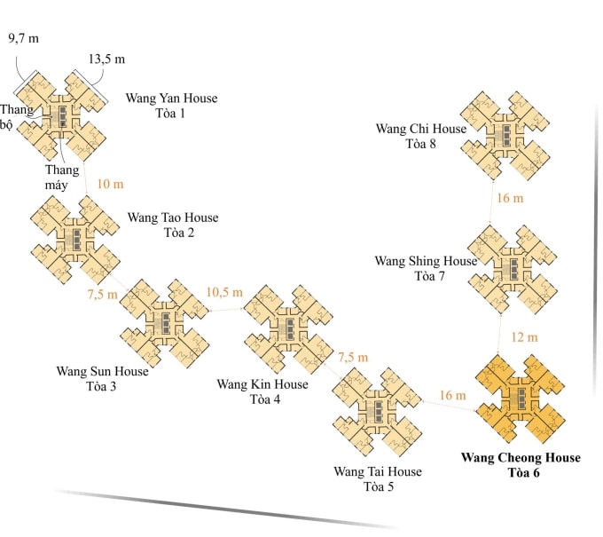 Cấu trúc và khoảng cách giữa các tòa nhà trong cụm chung cư Wang Fuk Court. Đồ họa: CNN